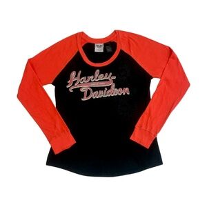 Harley Davidson Long Sleeve Top, Black/Orange, SMALL, EUC!